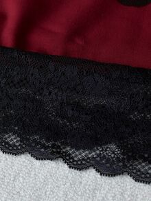 Sunspun Plus Size Contrast Lace Square Neck Tie-Front Long Sleeve Sweatshirt - Burgundy - View 5