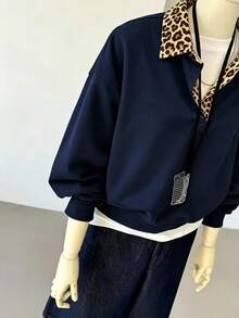 INAWLY Women's Button Half-Placket Leopard Print 2 In 1 Sweatshirt - Navy Blue - View 5