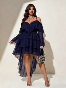 Viva Relle Plus Size Women's Solid Color Cold Shoulder Multi-Layer Ruffle Hem Fashion Sexy High-Low Dress Fall - Navy Blue - View 4
