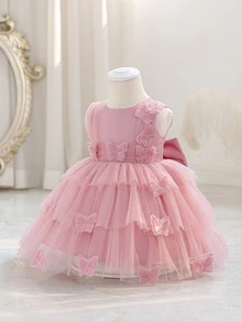 SHEIN Glamorique Kids 女嬰蝴蝶3D裝飾薄紗蛋糕裙，粉色夏季可愛優雅花童裙，適合婚禮與生日 - 藕粉色 - 查看 3