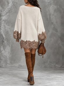 LUMIGAL Women's Contrast Lace V-Neck Drop Shoulder Long Sleeve Loose Knit Dress - Apricot - View 2