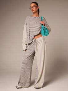 Athîral Women's Loose Fit Brown Striped Pajama Set,Fine Knit,Round Neck Long Sleeve Top,Wide Leg Pants,Autumn,Modern Minimalist,Lounge Home,Women's Set - Grey - View 5