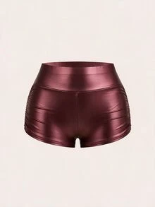 SHEIN EZwear 女款素色百褶休閒百搭基礎短褲 - 紅色 - 查看 1