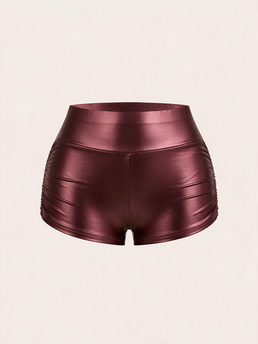SHEIN EZwear 女款素色百褶休閒百搭基礎短褲 - 紅色 - 查看 1