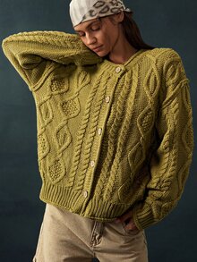 Bohemela Women's Dropped Shoulder Long Sleeve Cable Knit Single-Breasted Cardigan - Green - View 5