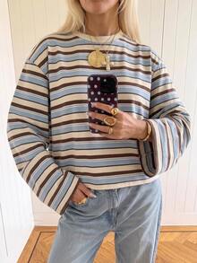 SHEIN EZwear 女款休閒寬鬆長袖條紋T恤上衣，適合秋季日常通勤、聚會、秋冬夏季、聖誕節、新年、感恩節、派對、婚禮、海灘、畢業典禮、優雅出遊、約會、通勤、情人節、度假、Y2K及其他場合 - 彩色 - 查看 4