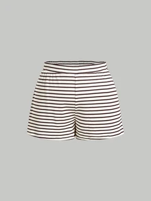 SHEIN MOD Plus Size Women Solid Color Short Sleeve Top And Striped Shorts 2 Pieces Set - Multicolor - View 11