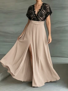 Weeklong Plus Size Women Spring Summer Lace Patchwork Contrast Color Waist-Cinching A-Line Casual Vacation Dress - Khaki - View 4