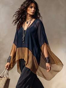 Linhara CURVE Colorblock Patchwork Sheer Mesh V-Neck Cover Up, Loose Batwing Sleeve Lightweight Airy Shirt Top - Navy Blue - View 1