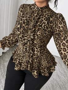 Elenzga Plus Size Stand Collar Slim Fit Elegant Leopard Print Asymmetrical Hem Frill Trim Patchwork Collar Ruffle Wood Frill Trim Elegant Commuter Long Sleeve Blouse - Brown - View 3