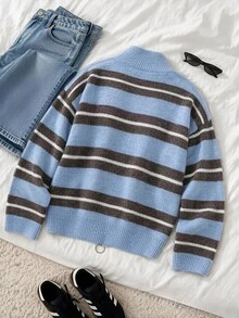Sunspun Cardigan Wanita Ukuran Besar dengan Motif Garis-Garis Blok Warna dan Resleting, Cocok untuk Pakaian Musim Gugur/Musim Dingin - MultiWarna - View 6