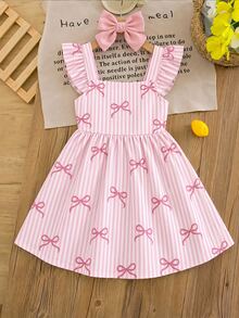 Tween Girl Bow Decor Striped Casual Daily Summer Dress - Multicolor - View 4