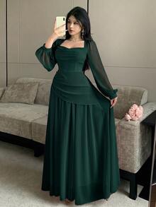 Modelyn Cowl Neck Puff Long Sleeve Cinched Waist Asymmetrical Pleated Chiffon Full Skirt Dress - Dark Green - View 6