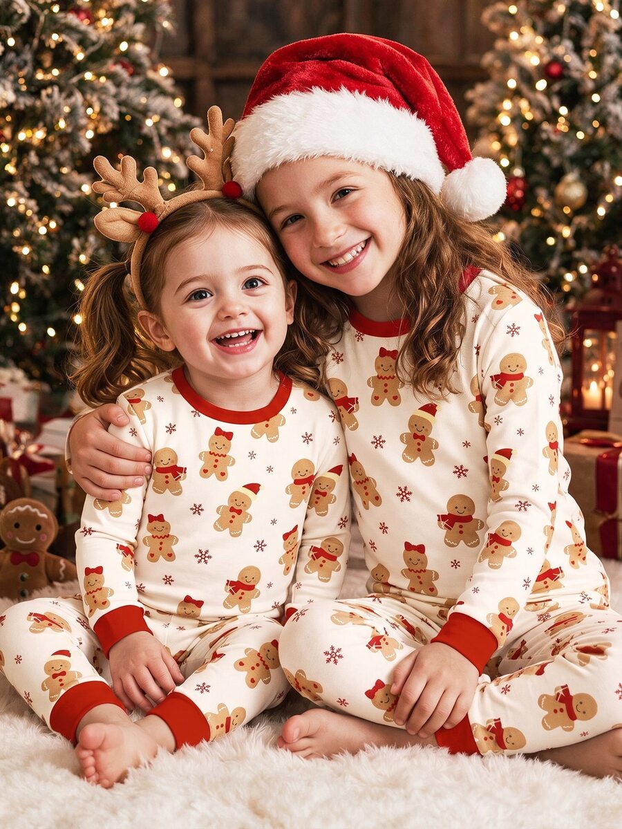 Young Girl Cute Gingerbread Man Pattern Printed Long Sleeve Top And Pants Loungewear Set For Family Party - Multicolor - View 1