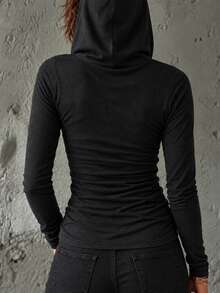 LUMIGAL Fall Clothes For Women Black Hooded Deep V Neck Drawstring Ruched Front Slim Long Sleeve Top - Black - View 2