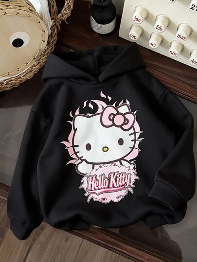 HELLO KITTY AND FRIENDS | SHEIN SHEIN EZwear Black Casual Minimalist Cartoon Print Hooded Long Sleeve Loose Fit Thick Sweatshirt For Women, Suitable For Outings, Streetwear, Airport Outfits