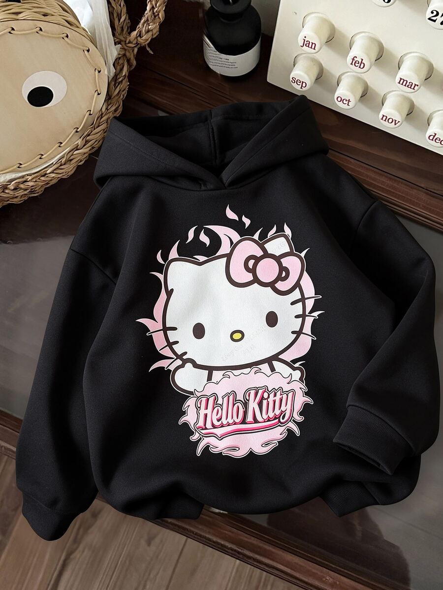 HELLO KITTY AND FRIENDS | SHEIN SHEIN EZwear 女款黑色休閒極簡卡通印花連帽長袖寬鬆加厚衛衣,適合外出、街頭穿搭、機場造型 - 黑色 - 查看 1
