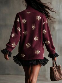 Omancia Elegant High Neck Ruffle Design Long Sleeve Women's Sweater - Red - View 2