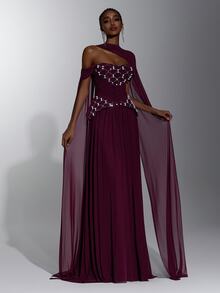 Elitara Elegant Romantic Luxury Elastic Knit Cold Shoulder Off-Shoulder Fabric Ruched Rope Luxury Rhinestone Embellished Bodycon A-Line Dress With Flounce, Suitable For Holiday Celebrations, Weddings, Balls, Concerts, Business Guest Banquets, Internet Celebrity Events, Women's Heavy Workmanship Evening Gown - Hot Pink - View 5