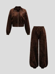 Sweetra Y2K休閒運動街頭風刺繡天鵝絨百搭學院風兩件套 - 咖啡棕 - 查看 6