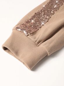 Weeklong Plus Size Women's Champagne Sequin Double Brushed Wool V-Neck Long Sleeve Sweatshirt - Khaki - View 7