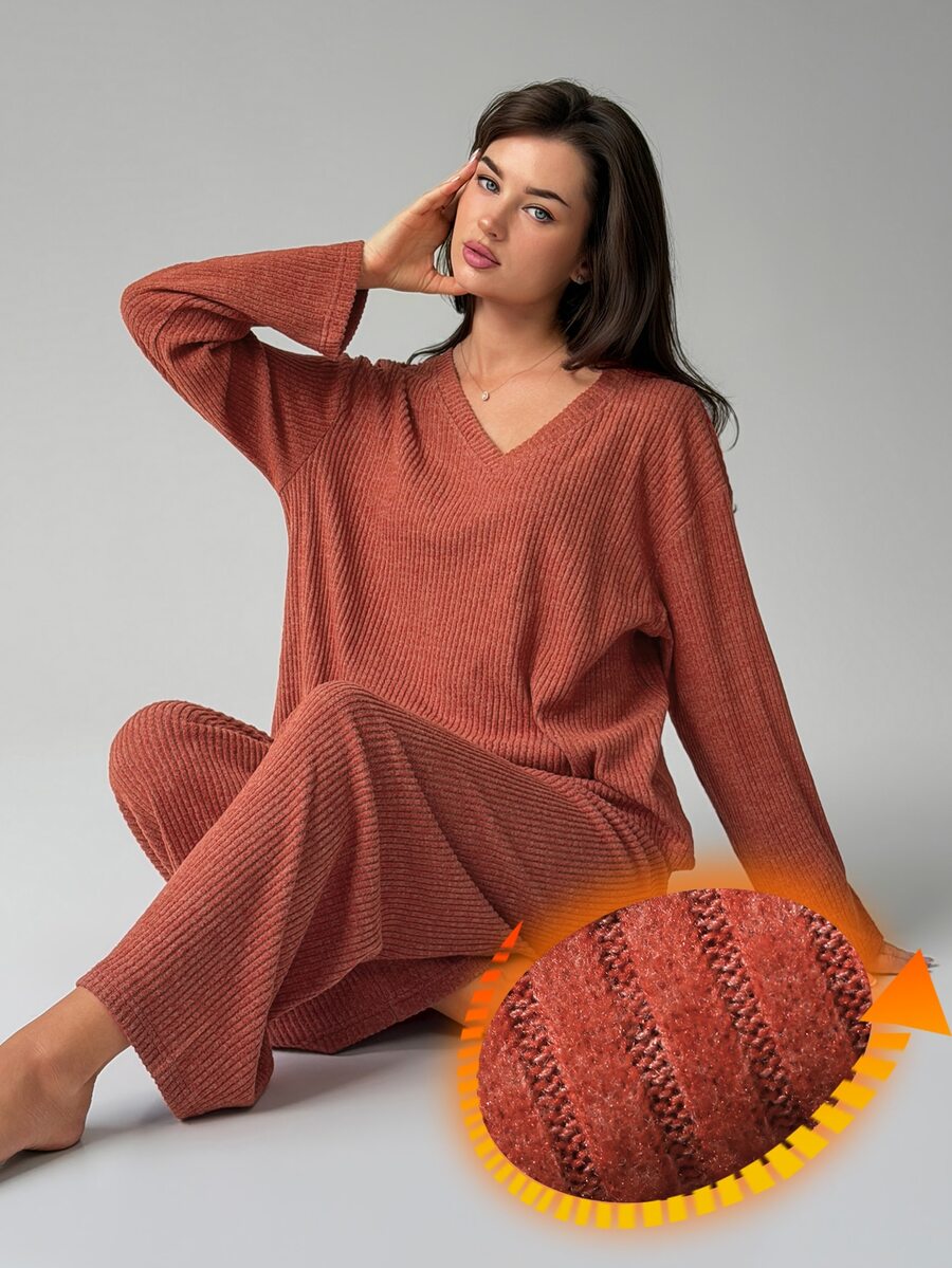 Livesso Women's Solid Color V-Neck Long Sleeve Top And Pants Pajama Set - Orange - View 1