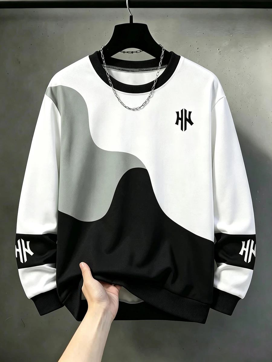 SHEIN 青少年男孩字母圖案拼色休閒日常長袖運動衫 - 彩色 - 查看 1