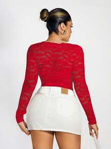 Sirith Women's Sexy Sheer Lace Ruffle Tie-Front Cardigan - Red - View 2