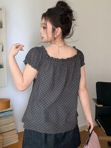 Dazy Plus Square Neck Pleated Puff Short Sleeve Grey Plaid Tie Waist Sweet Style Blouse - Dark Grey - View 2