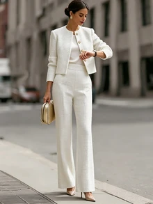SHEIN Women's Autumn/Winter New White Elegant Pearl Metal Button Round Neck Short Jacket & Straight Leg Pants Set, Suitable For Daily Commute, Business Meetings And Various Occasions - White - View 6