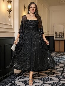 Reflora Gaun Pesta Berpayet dan Berkilau Ukuran Besar untuk Musim Gugur/Dingin, Rok Berpayet Unik dan Elegan untuk Musim Gugur. - Hitam - View 4