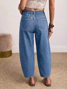 EMERY ROSE Quần jean denim nữ size lớn mặc thường ngày phong cách casual có túi và cúc - Màu xanh lam - Xem 2