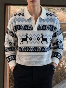 Claim Dot 男士鹿紋幾何圖案長袖休閒 Polo 領毛衣 - 彩色 - 查看 4