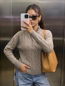 Livesso Tall Women's Knitted Cable Knit Casual Loose Sweater - Khaki - View 7