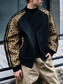 Manfinity Dauomo Men's Leopard Print Patchwork Casual Daily Long Sleeve Jacket - Black - View 3