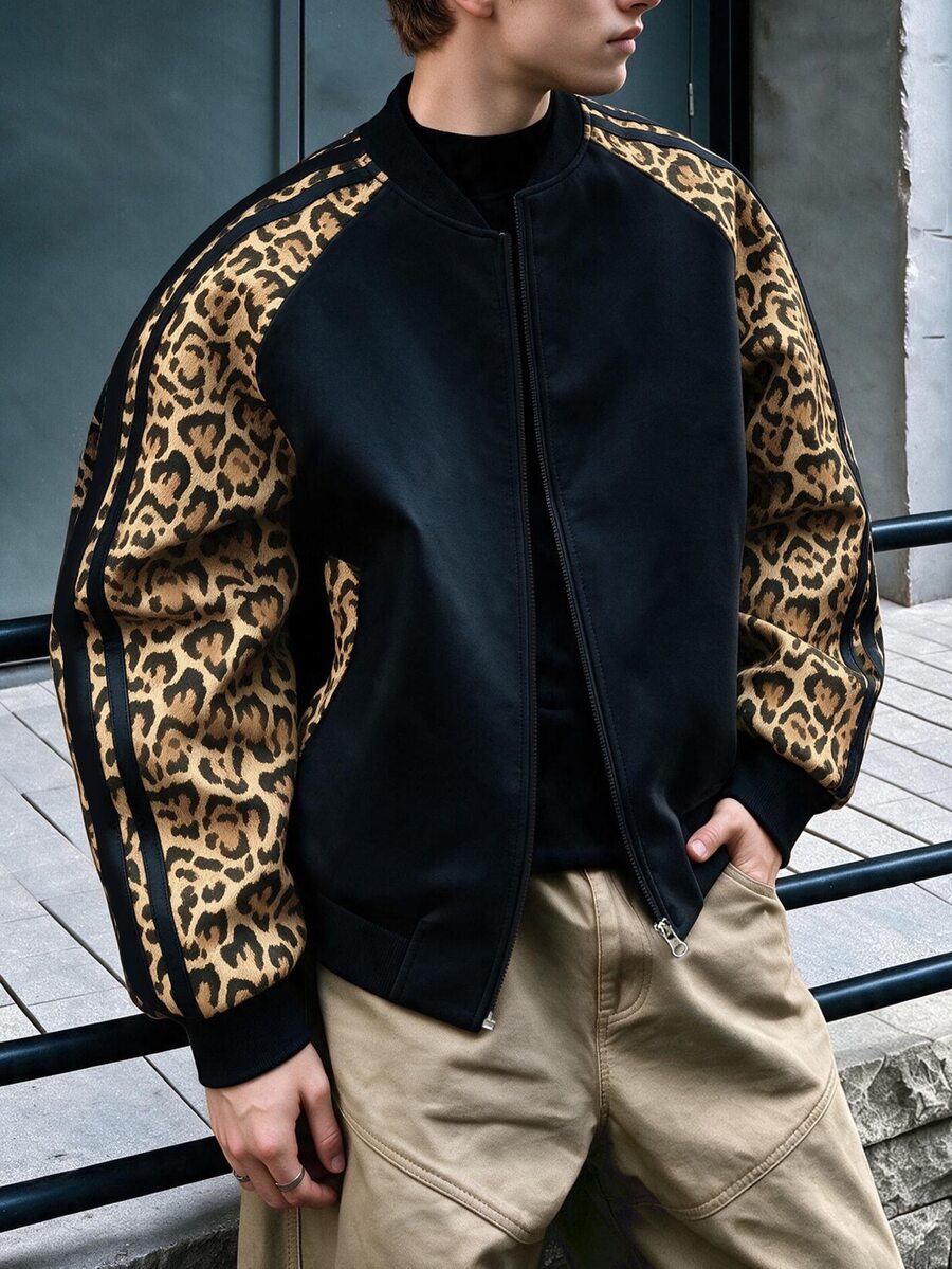 Manfinity Dauomo Jaket Lengan Panjang Kasual Pria Motif Leopard Patchwork - Hitam - View 1