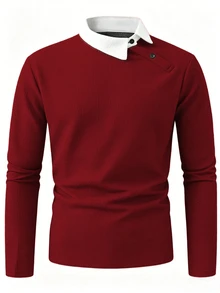 Manfinity Homme Men's Contrast Color Long Sleeve Casual Commuter Versatile Polo Shirt Buttoned Knitted Polo Grey, Formal, Ceremony - Burgundy - View 4