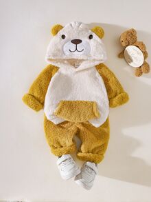 SHEIN Playful Pals 2pcs Baby Toddler Boy Hooded Jacket Pants Cute Sweet Yellow White Fuzzy Bear Ears Pocket Long Sleeve Hooded Thick Birthday Winter Fall Set - Yellow - View 3