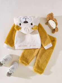 SHEIN Playful Pals 2pcs Baby Toddler Boy Hooded Jacket Pants Cute Sweet Yellow White Fuzzy Bear Ears Pocket Long Sleeve Hooded Thick Birthday Winter Fall Set - Yellow - View 2