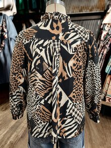 Linhara Plus Size Women's Autumn/Winter Asymmetrical Leopard Print Ruffle V-Neck Casual Long Sleeve Blouse - Khaki - View 2