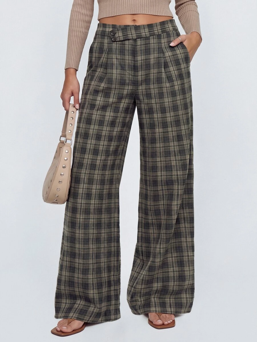 Avantive Women's Casual Button Plaid Pocket Long Pants For Daily Wear - Multicolor - View 1