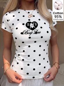 CovetEZ Betty Boop x SHEIN 95%棉休閒極簡波點與愛心印花短袖T恤，適合春夏季，適合外出、街頭穿搭、機場造型 - 彩色 - 查看 1