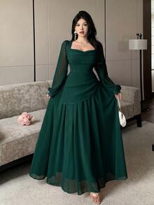 Modelyn Cowl Neck Puff Long Sleeve Cinched Waist Asymmetrical Pleated Chiffon Full Skirt Dress - Dark Green - View 7