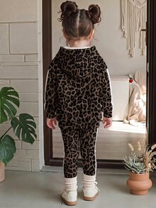 Young Girl Leopard Print Rider Pattern Casual Long Sleeve Hoodie And Leggings 2 Pieces Set, Suitable For Autumn/Winter - Multicolor - View 2