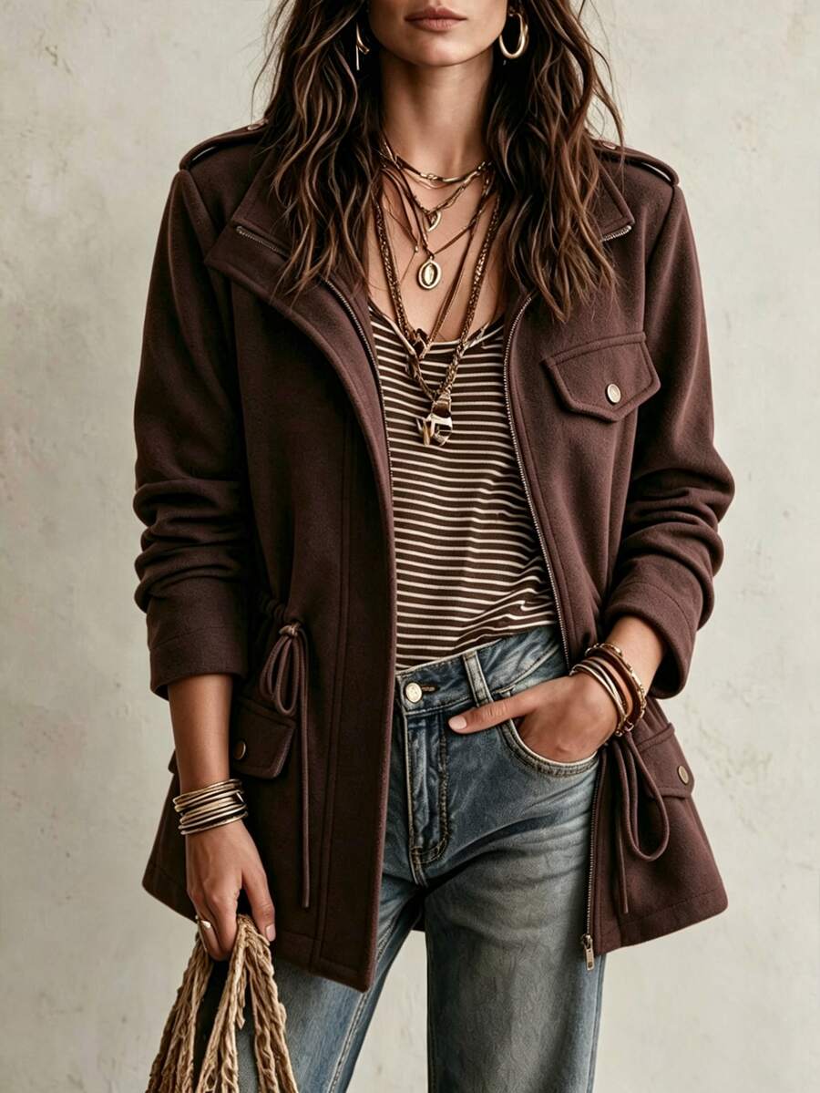 SHEIN Tall Women's Vintage Cinched Waist Long Sleeve Overcoat - Brown - View 1