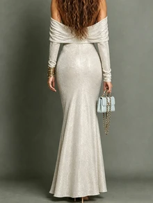 Omancia Women's Off-Shoulder 3D Floral Decor Elegant Cinched Waist Party Dress - Champagne - View 2
