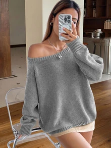 SHEIN EZwear 女款純色圓領插肩袖長袖休閒百搭針織衫 - 淺灰色 - 查看 1