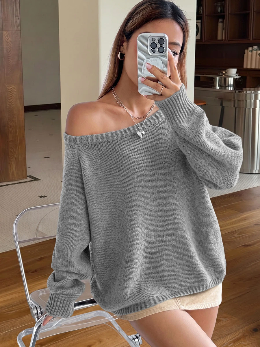 SHEIN EZwear 女款純色圓領插肩袖長袖休閒百搭針織衫 - 淺灰色 - 查看 1