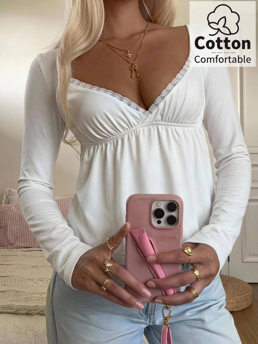 CovetEZ 女款蕾絲拼接百褶休閒浪漫優雅日常約會長袖T恤 白色棉質上衣 - 白色 - 查看 1
