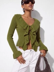 Aveloria GENKIRA Cardigan Slim Fit Crop Knit Large Ruffle Neck Double Tie Closure Bell Cuffs Modern Green Cardigan For Women Knit Fall Tops Crop Top Christmas - Green - View 6